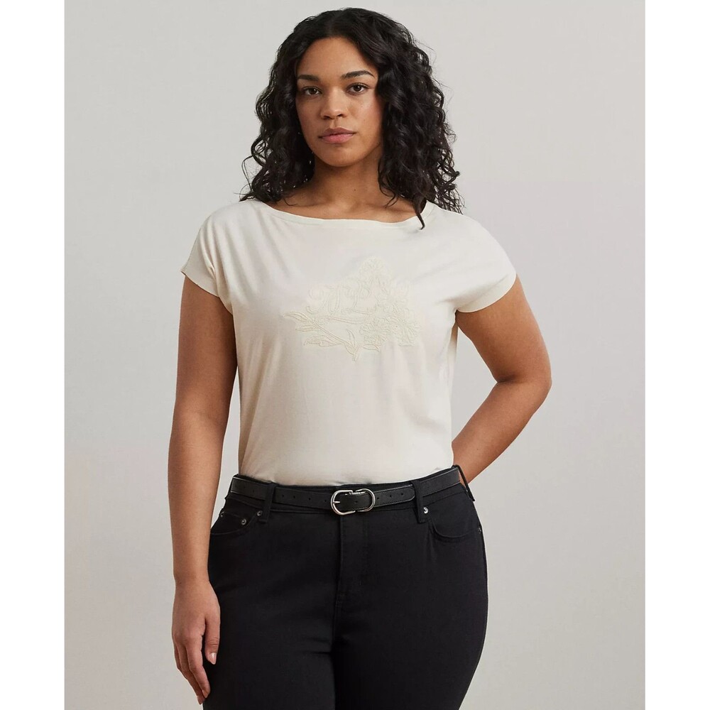 Lauren Ralph Lauren Plus Embroidered Boatneck Tee 1X Cotton Jersey Top